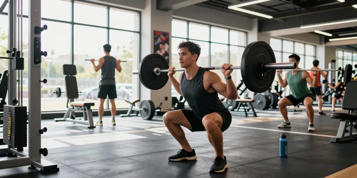 Prime Pharma Steroiden Winkel met energieke bodybuilder die squats uitvoert in een moderne sportschool