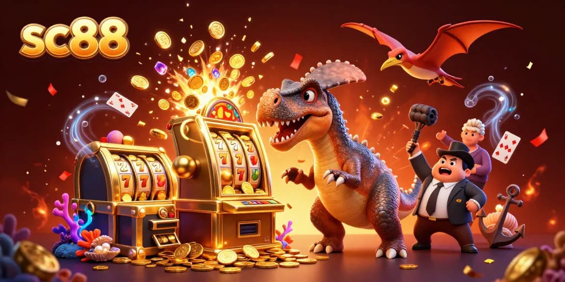 Engaging scene showcasing SC88 with a dinosaur and slot machine, emphasizing thrilling wins in online gaming.