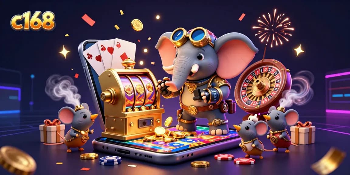 C168 captures the excitement of a golden jackpot moment with a steampunk elephant engineer, engaging in a vibrant casino experience.