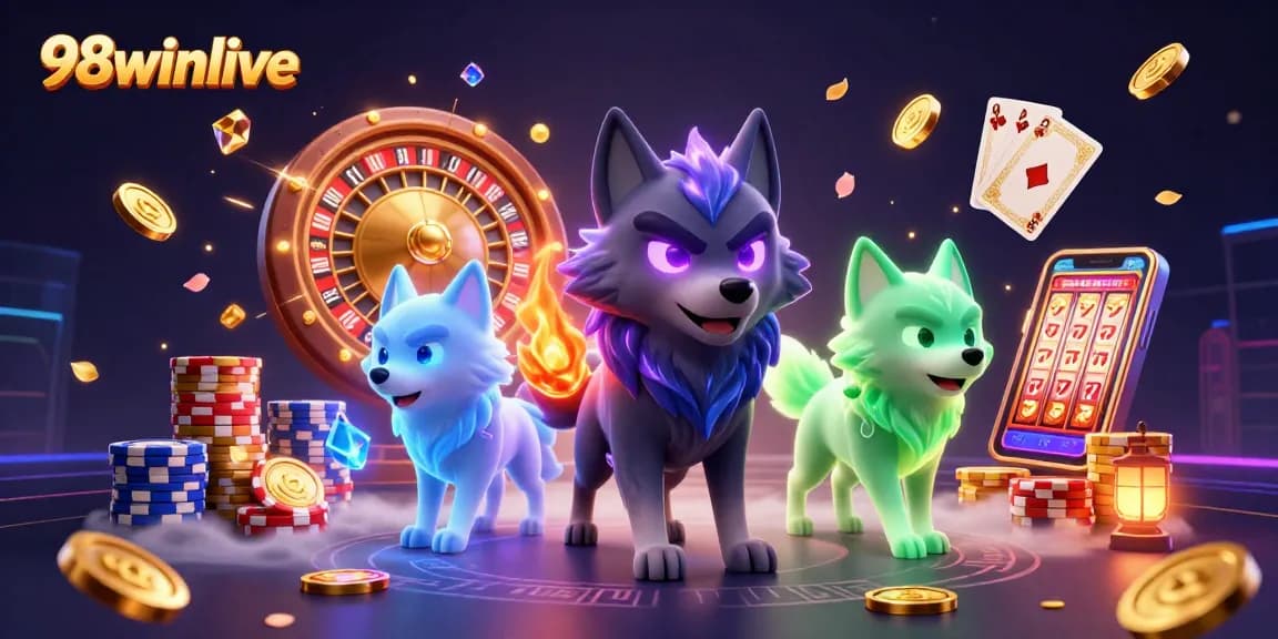 Experience thrilling moments with 98winlive, featuring stunning 3D wolves amidst cascading coins and vibrant casino elements.