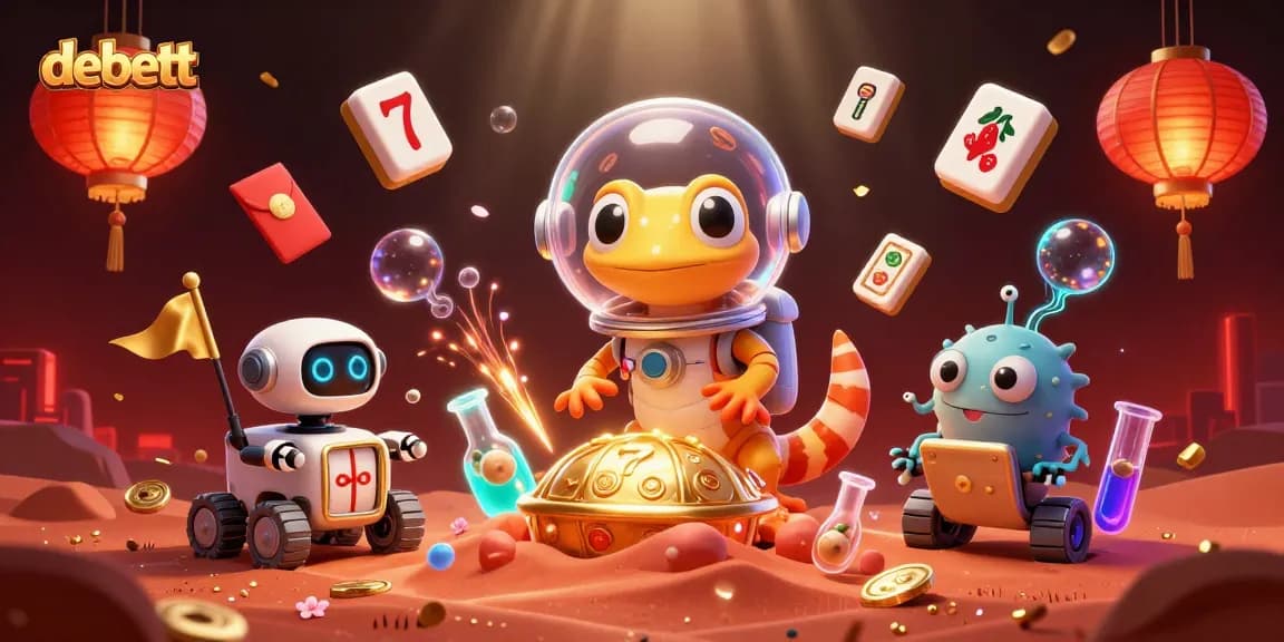 Experience the vibrant world of debett slots with colorful 3D characters, golden casinos, and dynamic game elements.