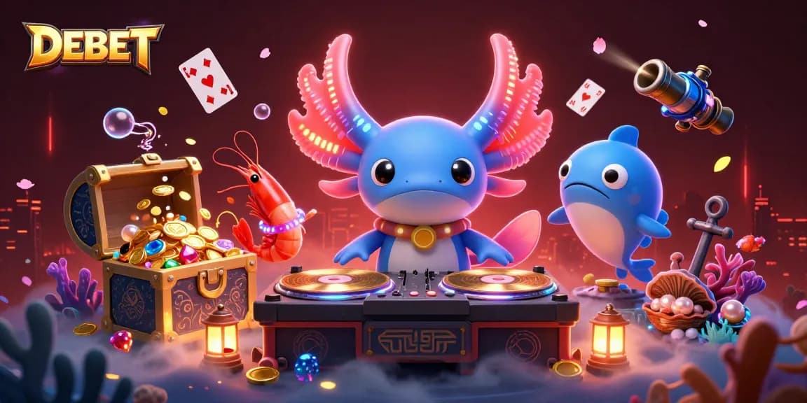 Join the DEBET dance party with a vibrant axolotl DJ and playful shrimp in an underwater casino.