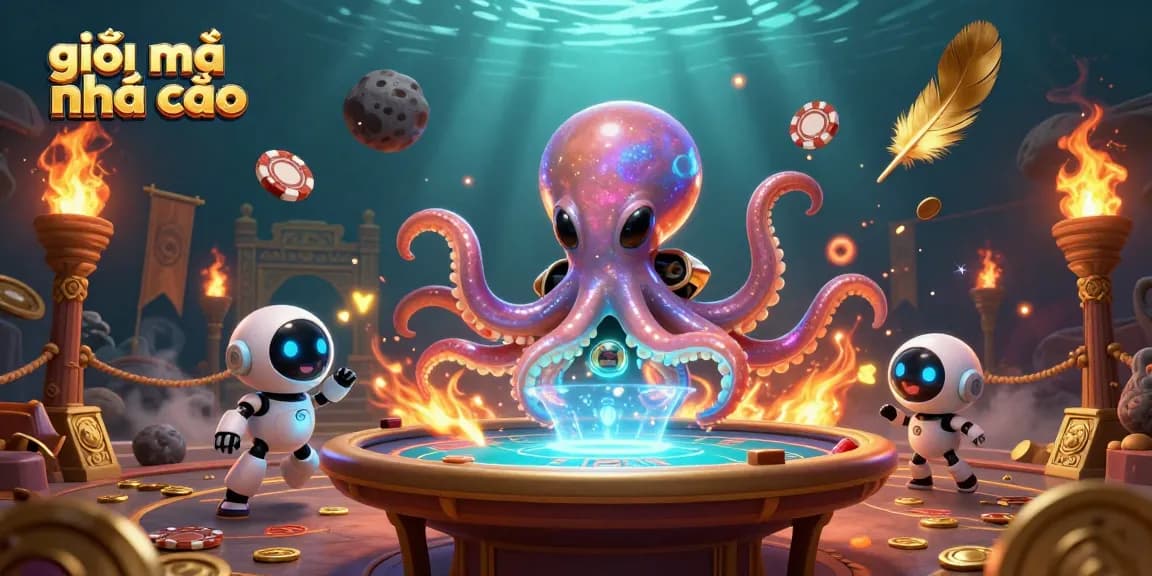Engage with giải mã nhà cái as an alien octopus navigates a holographic poker table in vibrant casino-themed illustration.