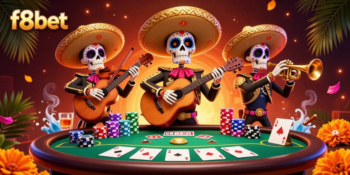Experience the vibrant world of f8bet with a lively mariachi band amidst a thrilling poker scene.