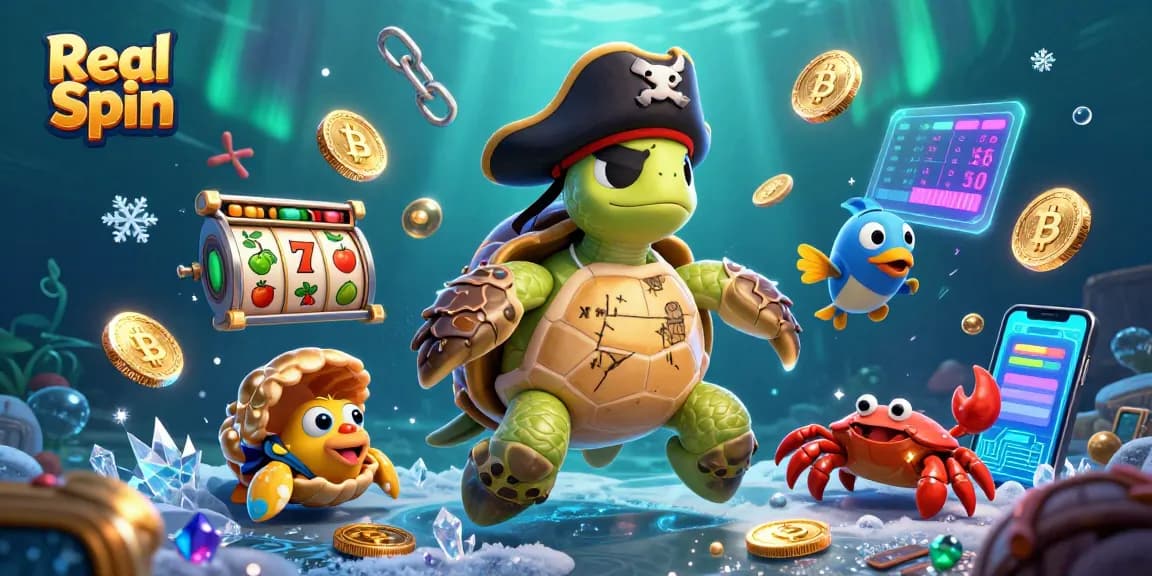 Spin and win at Real Spin Casino with an adventurous pirate turtle and treasure!