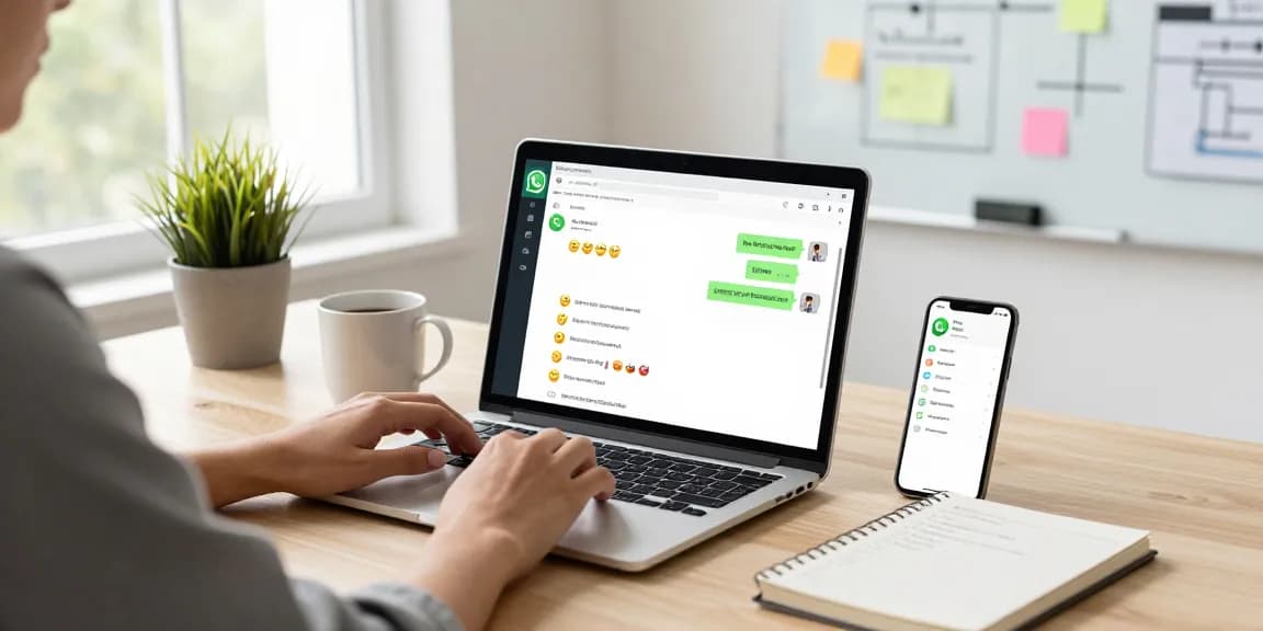 Engaging with WhatsApp電腦版 in a modern workspace, showing chat interface and productivity vibes.