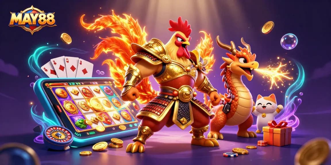 MAY88 showcases a vibrant 3D gambling scene with a warrior rooster and dragon amidst slot games and chips.