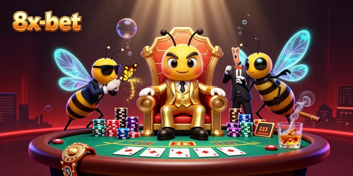 Join the excitement at 8x-bet casino with a vibrant scene featuring a mob boss, wasp bodyguards, and lavish poker elements.