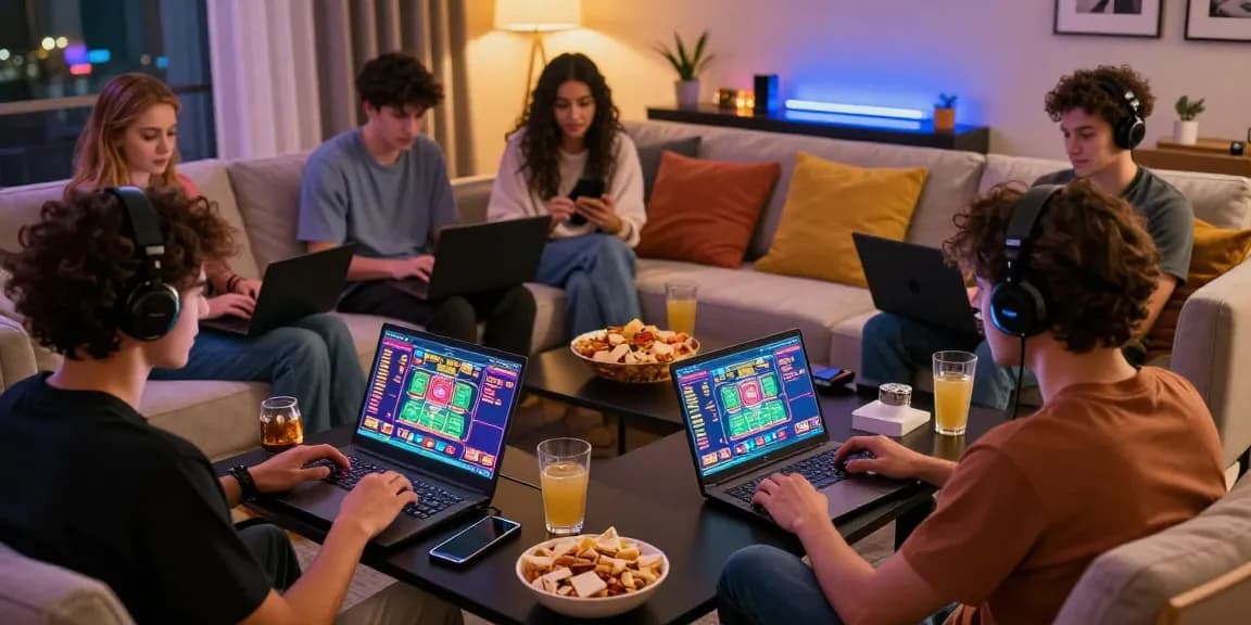 Friends enjoying games at B52 club in a cozy living room setting.