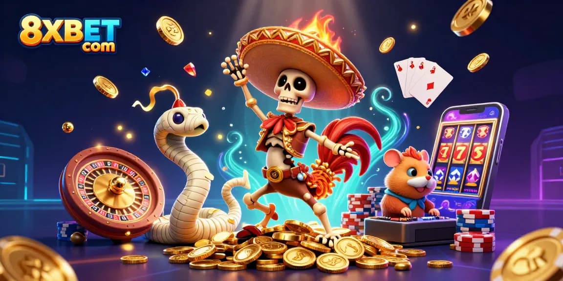 Experience exciting gaming at 8XBET com with a vibrant 3D casino illustration showcasing fun characters.