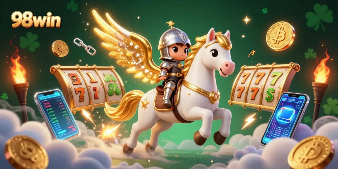 Experience thrilling gameplay with 98win, featuring a celestial knight amidst vibrant slot game elements.