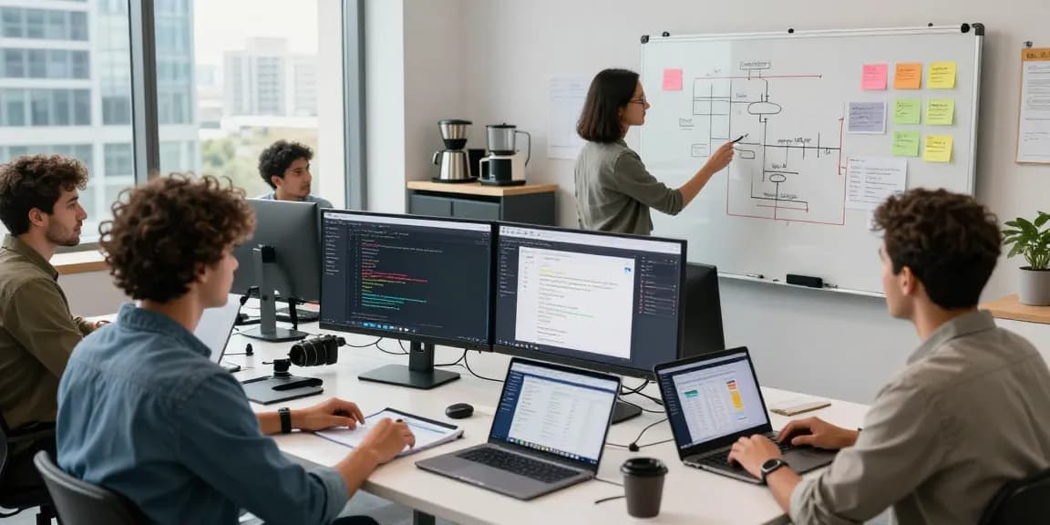 Build internal tools with AI in a collaborative tech workspace featuring diverse professionals engaged in development.