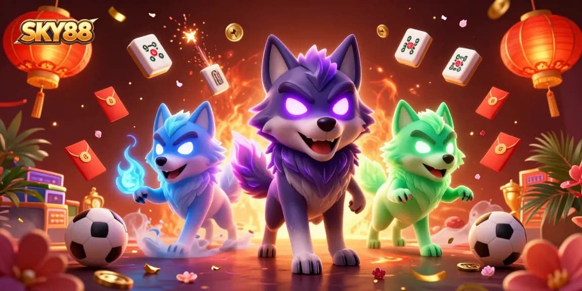 Engage with SKY88 as the shadow wolf leader and companions amidst glowing gaming elements.