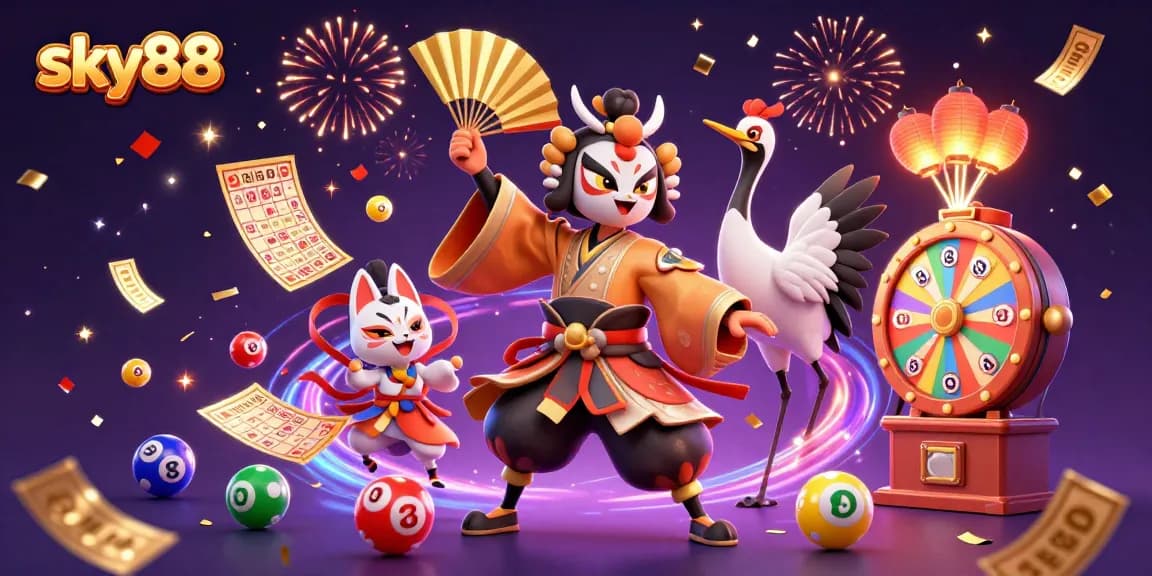 Experience the excitement of sky88 with a dynamic 3D casino illustration featuring vibrant lottery elements
