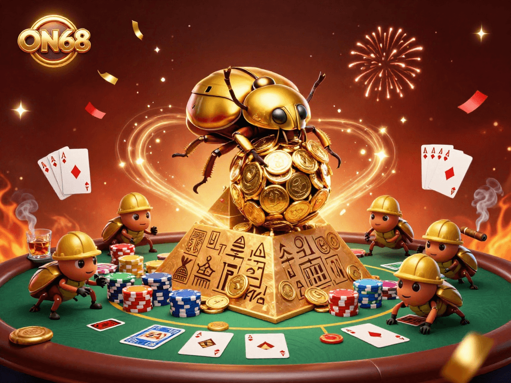 Experience the thrill of casino play at ON68, featuring an imaginative scene with golden coins and poker chips.