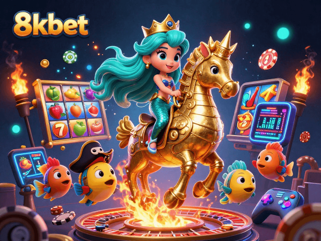 Experience dazzling excitement with 8kbet's vibrant casino scene featuring slots and engaging characters.