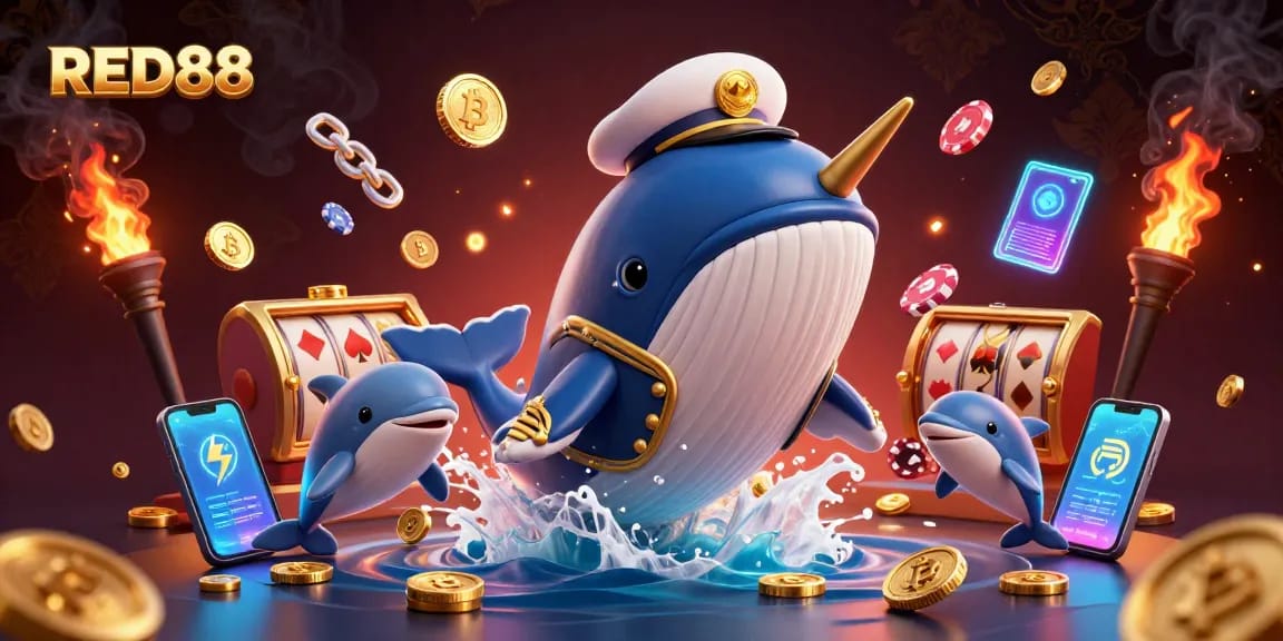 Experience thrilling gaming with RED88 and giant characters in a vibrant casino scene.