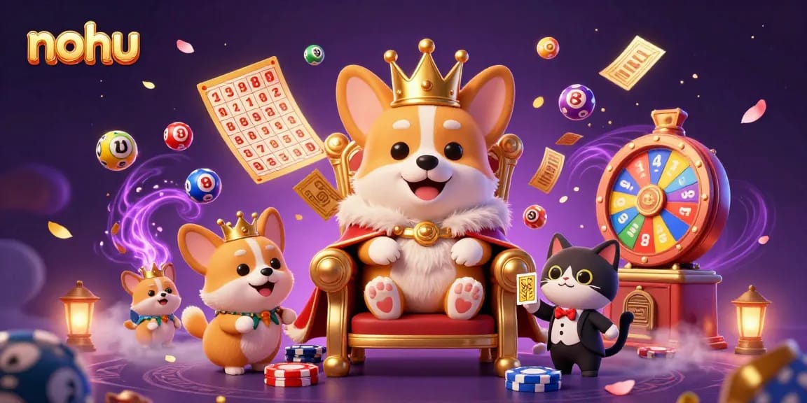 Experience the vibrant nohu casino scene with a royal corgi, colorful lottery balls, and golden tickets.