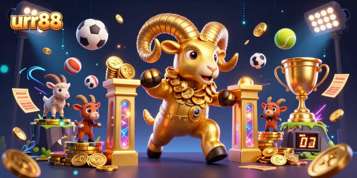 Experience dynamic sports betting action at urr88 with a golden ram charging through a vibrant casino