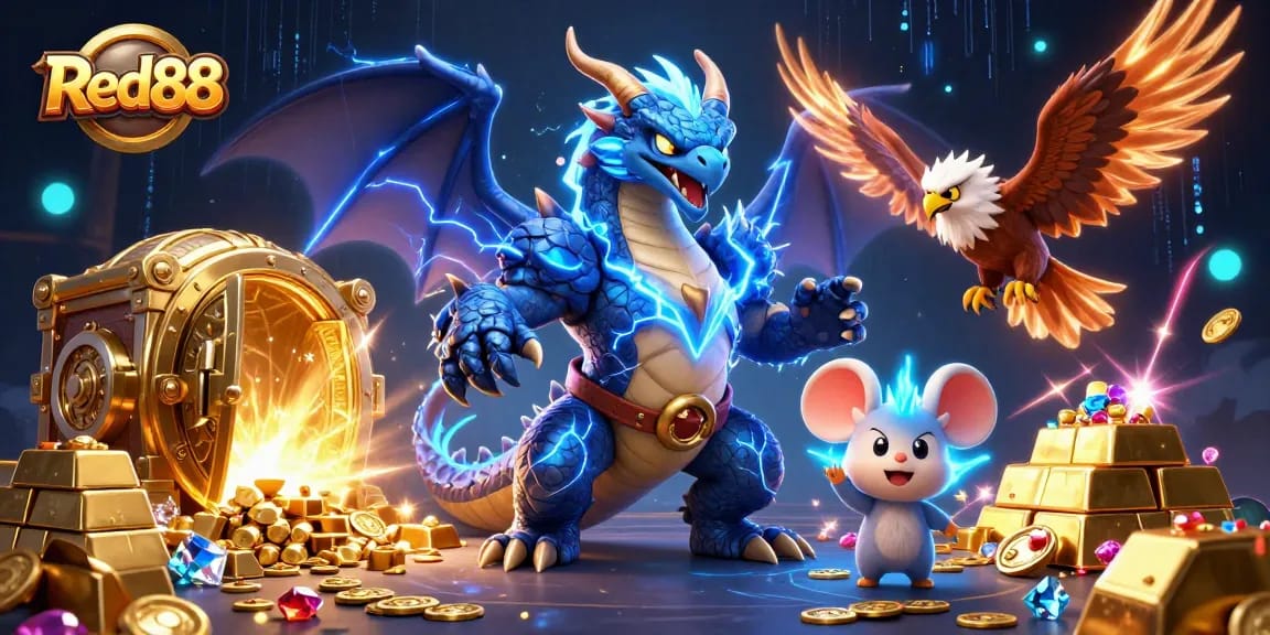 Red88 captures excitement with a thunder dragon and a treasure vault illustration showing dynamic casino elements.