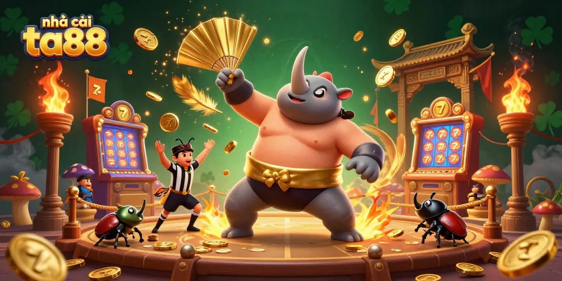 Game on with nhà cái ta88 featuring a powerful beetle champion amidst coins and slot machines.