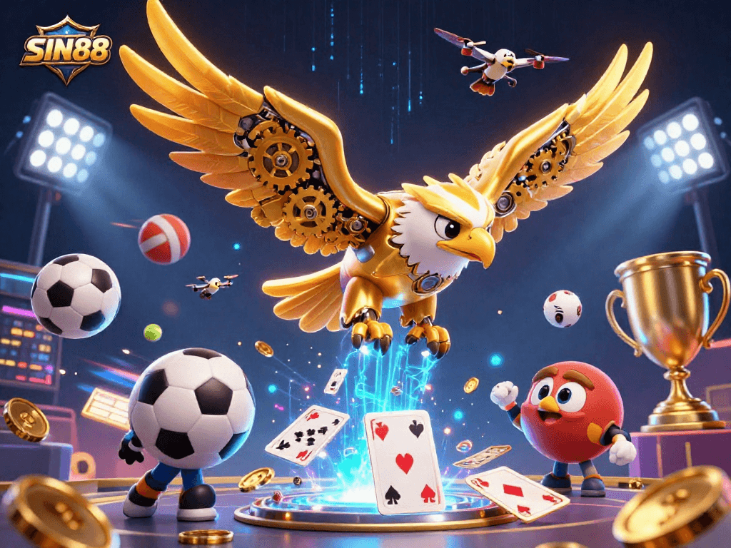 SIN88 showcases a cybernetic golden eagle diving through holographic cards amidst dynamic sports elements.