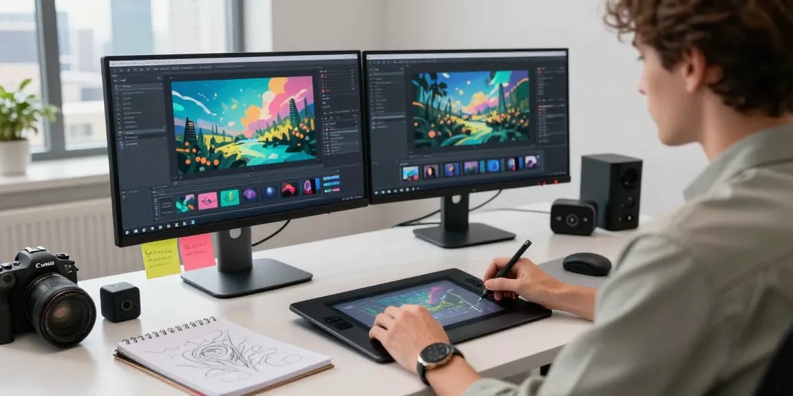 Creative professional using an AI video generator to design animations in a modern workspace with dual monitors.