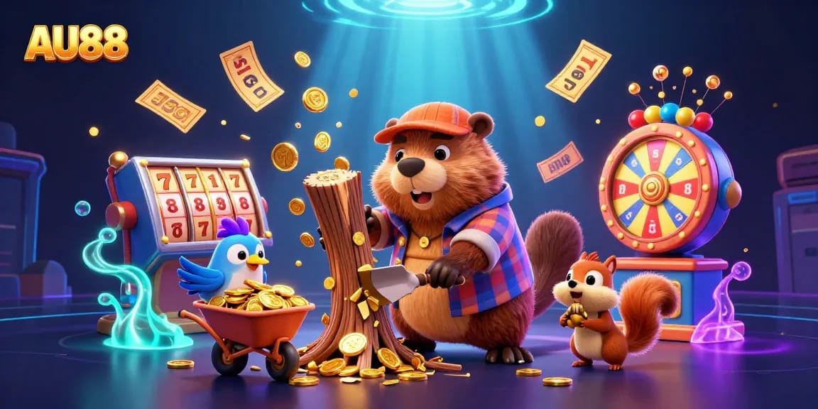 Engage with AU88's exciting casino experience where a beaver and friends celebrate jackpot wins.