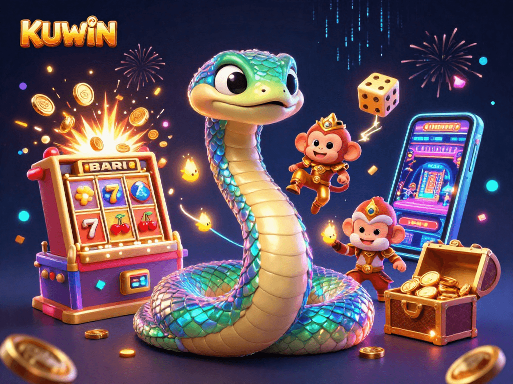 Engage with KUWIN's dynamic gaming experience via an iridescent serpent and jackpot thrill!