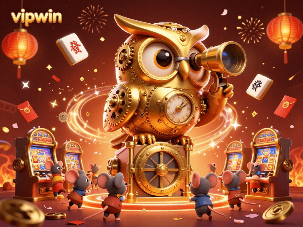 Experience the excitement of vipwin casino as a golden owl oversees a bustling slot floor.