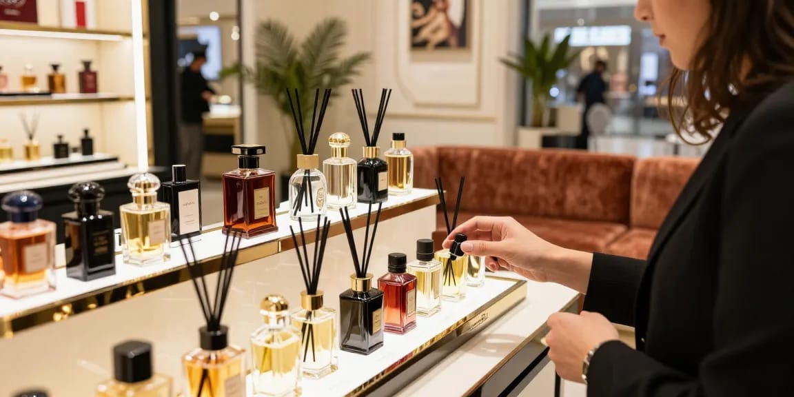 Parfum sample kopen in luxe winkelomgeving met stijlvolle flacons.