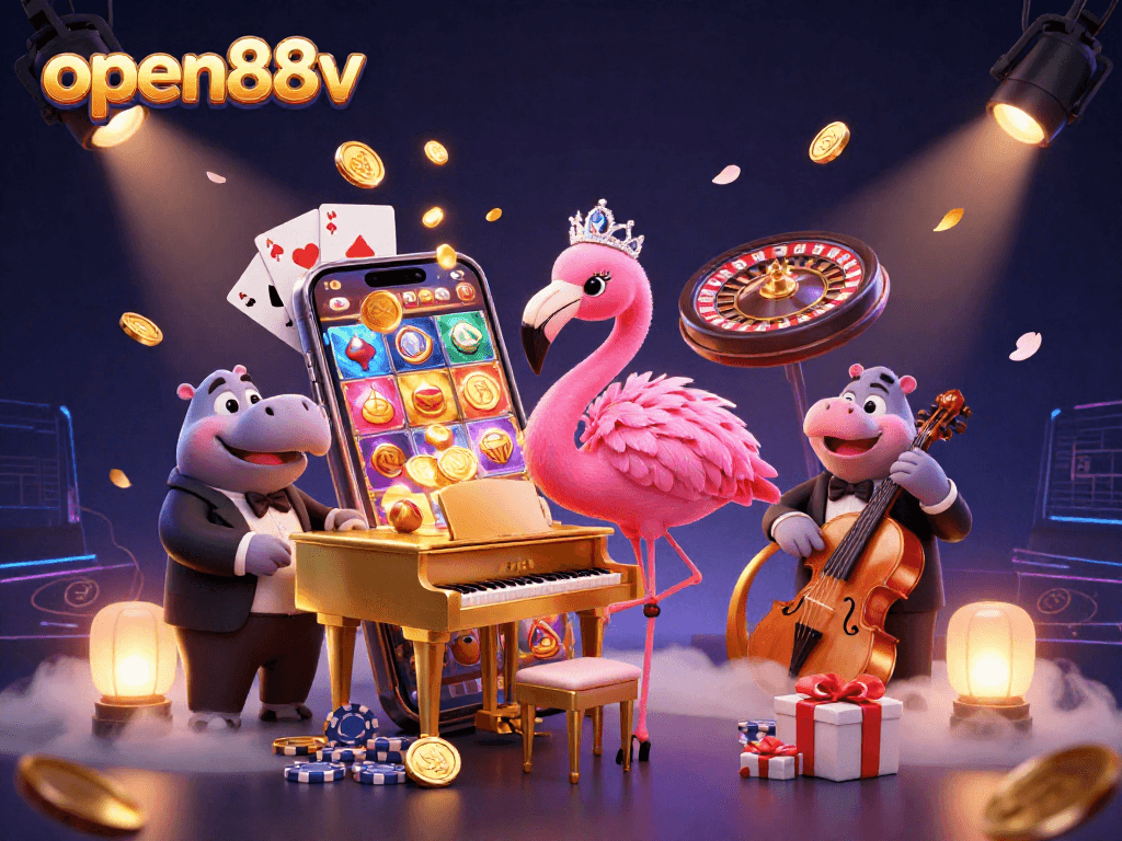 Enjoy the vibrant energy of open88v with a dynamic casino scene featuring colorful games and iconic characters.