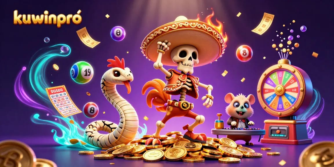 Kuwinpro features a vibrant scene with a dancing skeleton rooster and fortune elements, showcasing excitement in gaming.