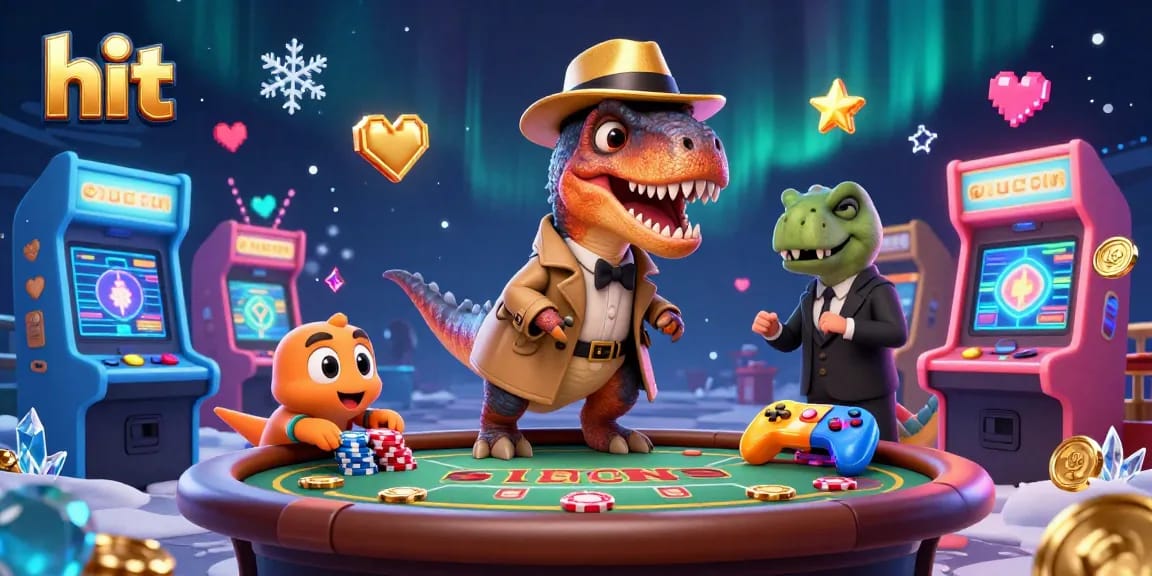 Hit at the blackjack table with a velociraptor card counter and stegosaurus pit boss in a vibrant casino.