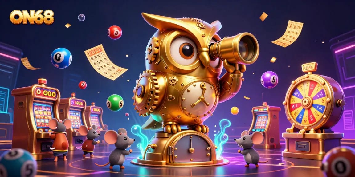 ON68's captivating winnings illustrated with vibrant casino themes featuring a charming owl and playful mice.