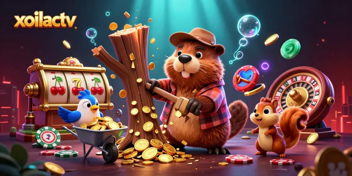 Collect coins with xoilactv's 3D whimsical characters in a vibrant casino scene