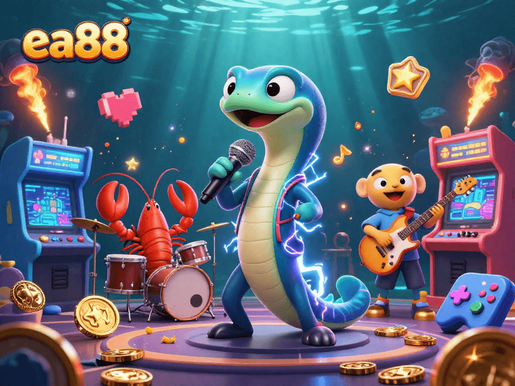 Experience the vibrant electric eel DJ at the ea88 underwater casino stage, surrounded by colorful gaming elements.
