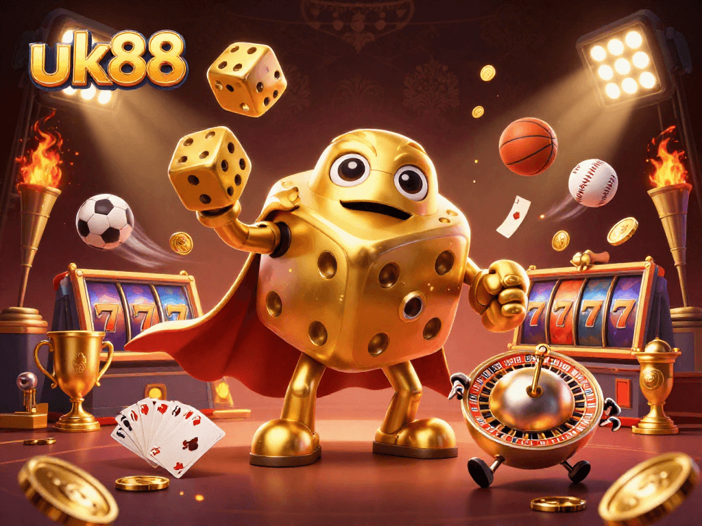 Experience the thrill of uk88 with dynamic 3D golden dice, sports balls, and lively casino elements.