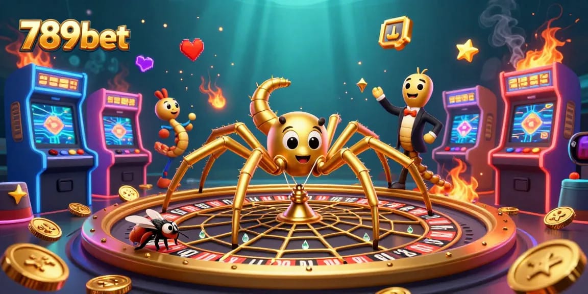 Engage with 789bet's thrilling roulette scene featuring a golden spider and lively characters.