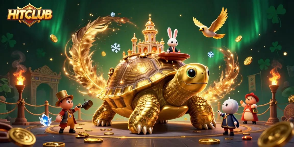 Engage in HITCLUB's thrilling casino games dominated by a golden tortoise and rabbit dealer.