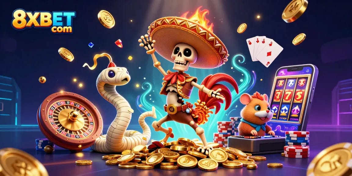 Experience exciting gaming at 8XBET com with a vibrant 3D casino illustration showcasing fun characters.