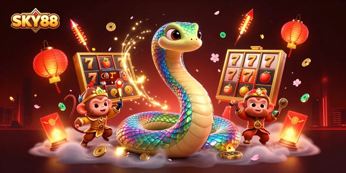 Immerse in the colorful world of SKY88 where a rainbow serpent and monkey king bring slot adventures to life.