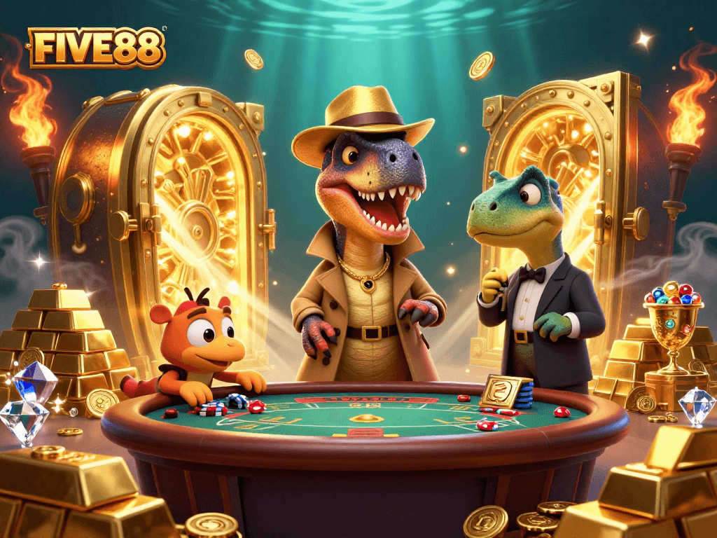 FIVE88 presents a dynamic casino scene with a clever velociraptor card counter and glamorous treasures surrounding him.