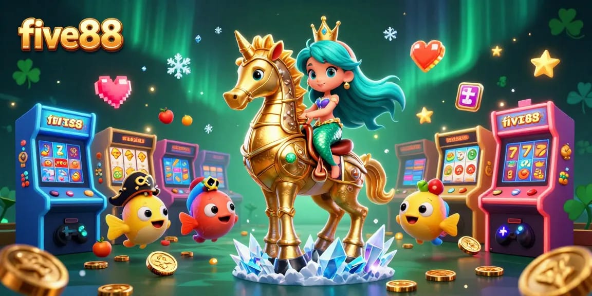 Engage in the vibrant world of five88 with a 3D illustration of a mermaid and giant seahorse in a colorful casino.