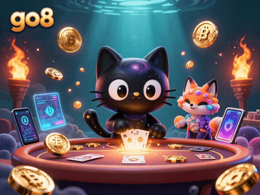 Engage with go8 while winning big at a cosmic casino, surrounded by vibrant gaming elements.