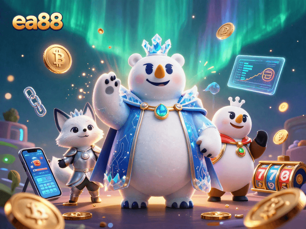 Experience thrilling gaming at ea88 with an enchanted polar bear and fox in a vibrant casino atmosphere.