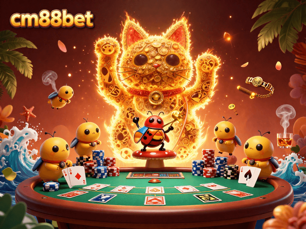 Experience the excitement of cm88bet with a captivating illustration of a lucky cat at a vibrant casino scene.