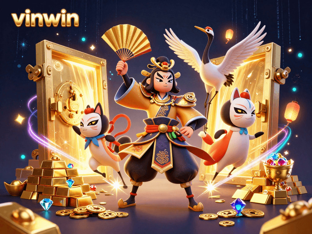 Experience thrilling gaming adventures with vinwin's vibrant and dynamic casino illustration featuring a kabuki warrior.