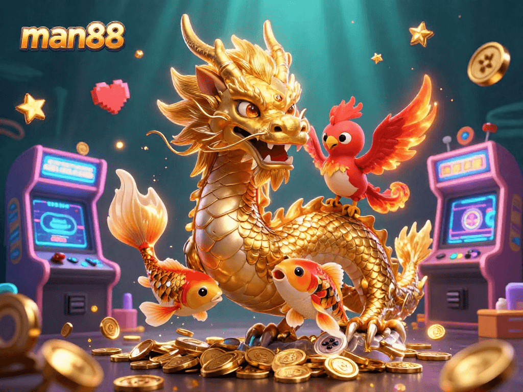 Experience thrilling wins with man88's vibrant casino gaming scene featuring a majestic dragon.