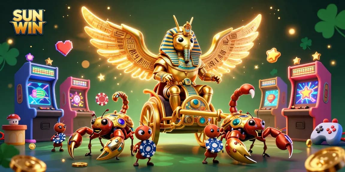 SUN WIN floats above a lively gaming scene with rich casino elements and animated characters, celebrating casino excitement.